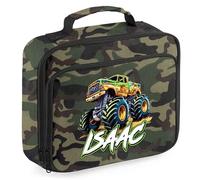 Personalised Monster Truck Lunch Bag for Kids Off Road Giant Trucks Back to School Nursery Lunchbox, 24cm x 20cm x 8cm, Camo