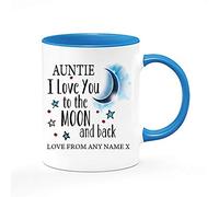 Personalised Mother's Day Auntie I Love You to The Moon & Back Coffee Tea Daily use Mug Valentine's Day Birthday Party gage Keepsake Unique Ceramic Cup Mug. (Blue Inside and Handle)