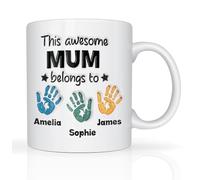 Personalised Mothers Day Mug Gifts for Mum This Awesome Mum Belongs to Childrens Handprints Mugs from Daughter & Son 11oz Ceramic Coffee Cup Novelty Mug Birthday Presents