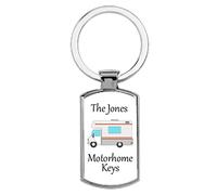 Personalised Motorhome Keyring, Chrome finish Rectangle, Family Name | Custom curved rectangular metal keyring, personalised for a family, couple or owner, 7.8 x 3.2 cm, presentation box included