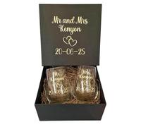 Personalised Mr and Mrs Glasses and Gift Box, Bride and Groom Stemless Wine Glass Tumbler Set, Wedding Day Gifts for The Couple, Anniversary Present,His and Hers, Date and Surname