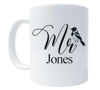 Personalised Mr Magpie Mug, Bird Art 11 Oz Ceramic Coffee Cup, Custom Teacher or Husband Gift