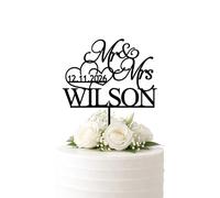 Personalised Mr & Mrs Wedding Cake Topper with Surname and Date Custom Heart Cake Topper Made from Acrylic or Wood