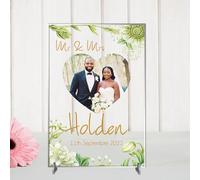 Personalised Mr & Mrs Wedding Photo Plaque - 4 Different Themes - Celebrate Everlasting Love and Memories - Wedding and Anniversary (Green Floral, Acrylic A4 30cm x 21cm)