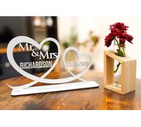 Personalised Mr & Mrs Wedding Plaque - Custom Surname and Date - Freestanding Heart Decoration - Keepsake Gift for Weddings, Anniversaries, or Table Decor