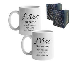 Personalised Mrs and Mrs Mug Set, Hers and Hers Lesbian Wedding with Any Message and Surname, Elegant Font Design, Custom, Gift Boxed, 11oz/312ml Mugs