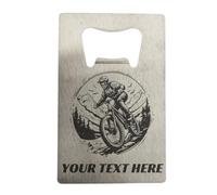 Personalised MTB Stainless Steel Bottle Opener - Custom Laser Engraved Mountain Bike Gift for Him or Her - Add Your Own Text - Cycling Stocking Filler, Secret Santa, Holiday or Birthday Present