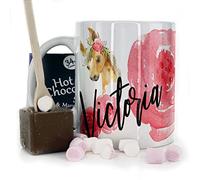 Personalised Mug and Belgian Milk Chocolate/Hot Chocolate Stirrer Marshmallow Gift Set, Custom Name (11oz) White, Yellow, Blue, Black, Pink Mug with Name on Palomino Pony & Rose Flower Print Design