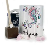 Personalised Mug and Belgian Milk Chocolate/Hot Chocolate Stirrer Marshmallow Gift Set, Custom Name (11oz) White, Yellow, Blue, Black, Pink Mug with Pink Seahorse Design, Mermaid Mug, Initial Mug