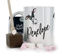 Personalised Mug and Belgian Milk Chocolate/Hot Chocolate Stirrer Marshmallow Gift Set, Custom Name (11oz) Thank you, Love You, Happy Birthday Mug with Name on Black and White Calf Cow Design