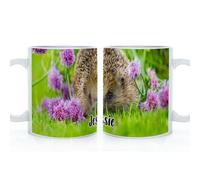 Personalised Mug and Belgian Milk Chocolate/Hot Chocolate Stirrer Marshmallow Gift Set, Custom Name (11oz) White, Blue, Black, Pink Mug with Hedgehog Pink/Purple Chive Flower Design, Hedgehog Mug