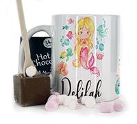 Personalised Mug and Belgian Milk Chocolate/Hot Chocolate Stirrer Marshmallow Gift Set, Custom Name (11oz) White, Yellow, Blue, Black, Pink Mug with Pink Mermaid Fish Design, Mermaid Mug, Initial Mug