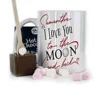 Personalised Mug and Belgian Milk Chocolate/Hot Chocolate Stirrer Marshmallow Gift Set, Custom Name (11oz) White, Yellow, Blue, Black, Pink Mug with to The Moon and Back Design, Love Mug