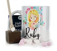 Personalised Mug and Belgian Milk Chocolate/Hot Chocolate Stirrer Marshmallow Gift Set, Custom Name (11oz) White, Yellow, Blue, Black, Pink Mug with Mermaid Sea Fish Flowers Hearts Design, Mermaid Mug