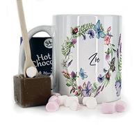 Personalised Mug and Belgian Milk Chocolate/Hot Chocolate Stirrer Marshmallow Gift Set, Custom Name (11oz) White, Yellow, Black, Pink Mug with Blue Butterfly Ladybird Daisy Wildflower Garden Design