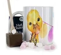 Personalised Mug and Belgian Milk Chocolate/Hot Chocolate Stirrer Marshmallow Gift Set, Custom Name (11oz) Thank You, Love You, Happy Birthday Mug with Yellow Duck Buntin Design