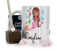 Personalised Mug and Belgian Milk Chocolate/Hot Chocolate Stirrer Marshmallow Gift Set, Custom Name (11oz) White, Yellow, Blue, Black, Pink Mug with Pink Mermaid Fish Tail Design, Mermaid Mug