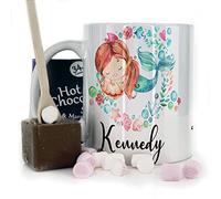 Personalised Mug and Belgian Milk Chocolate/Hot Chocolate Stirrer Marshmallow Gift Set, Custom Name (11oz)Thank you, Love Mug, Happy Birthday Mug with Blue Mermaid Sleeping Hearts Design, Mermaid Mug