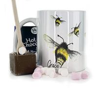 Personalised Mug and Belgian Milk Chocolate/Hot Chocolate Stirrer Marshmallow Gift Set, Custom Name (11oz) Thank you, Love You, Happy Birthday Mug with Lemon Bumble Bee Garden Design , Custom Mug