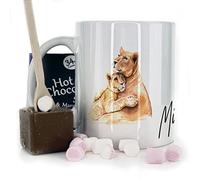 Personalised Mug and Belgian Milk Chocolate/Hot Chocolate Stirrer Marshmallow Gift Set, Custom Name (11oz) White, Yellow, Blue, Black, Pink Mug with Mother and Baby Lion Cub Cuddle Design Print