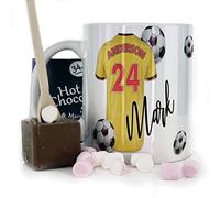 Personalised Mug and Belgian Milk Chocolate/Hot Chocolate Stirrer Marshmallow Gift Set, Custom Name/Number/Text on (11oz) White, Blue, Black, Pink Mug with Yellow Red and Black Sleeve Football Shirt