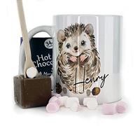 Personalised Mug and Belgian Milk Chocolate/Hot Chocolate Stirrer Marshmallow Gift Set, Customised with Name and Text, (11oz) White, Yellow, Blue, Black, Pink Mug with Hedgehog and Acorn Design