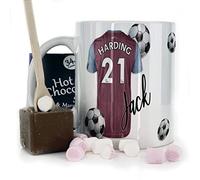 Personalised Mug and Belgian Milk Chocolate/Hot Chocolate Stirrer Marshmallow Gift Set, Customised with Name / Number / Text, (11oz) White, Blue, Black, Pink Mug with Maroon and Blue Football Shirt