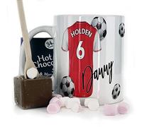 Personalised Mug and Belgian Milk Chocolate/Hot Chocolate Stirrer Marshmallow Gift Set, Customised with Name / Number / Text, (11oz) White, Blue, Black, Pink Mug with Red and White Football Shirt