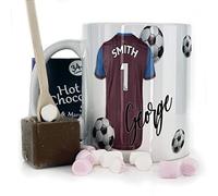 Personalised Mug and Belgian Milk Chocolate/Hot Chocolate Stirrer Marshmallow Gift Set, Customised with Name / Number / Text, (11oz) White, Blue, Black, Mug with Blue Sleeved Maroon Football Shirt