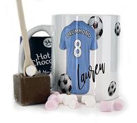 Personalised Mug and Belgian Milk Chocolate/Hot Chocolate Stirrer Marshmallow Gift Set, Customised with Name / Number / Text, (11oz) White, Yellow, Blue, Black, Pink Mug with Light Blue Football Shirt