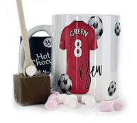 Personalised Mug and Belgian Milk Chocolate/Hot Chocolate Stirrer Marshmallow Gift Set, Customised with Name / Number / Text, (11oz) White, Blue, Black, Pink Mug with Red and Black Football Shirt