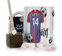 Personalised Mug and Belgian Milk Chocolate/Hot Chocolate Stirrer Marshmallow Gift Set, Customised with Name / Number / Text, (11oz) White, Blue, Black, Mug with Red and Blue Stripe Football Shirt