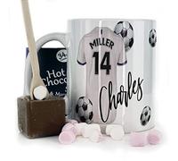 Personalised Mug and Belgian Milk Chocolate/Hot Chocolate Stirrer Marshmallow Gift Set, Customised with Name / Number / Text, (11oz) White, Blue, Black, Mug with White and Blue Sleeve Football Shirt