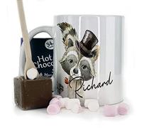 Personalised Mug and Belgian Milk Chocolate/Hot Chocolate Stirrer Marshmallow Gift Set, Customised with Name and Text, (11oz) White, Yellow, Blue, Black, Pink Mug with Top Hat Racoon Design