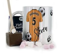 Personalised Mug and Belgian Milk Chocolate/Hot Chocolate Stirrer Marshmallow Gift Set, Customised with Name / Number / Text, (11oz) White, Blue, Black, Pink Mug with Orange and Black Football Shirt