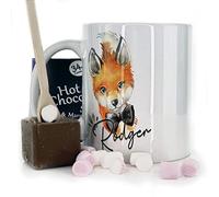Personalised Mug and Belgian Milk Chocolate/Hot Chocolate Stirrer Marshmallow Gift Set, Customised with Name and Text, (11oz) White, Yellow, Blue, Black, Pink Mug with Red Fox Bow Tie Design