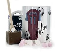 Personalised Mug and Belgian Milk Chocolate/Hot Chocolate Stirrer Marshmallow Gift Set, Customised with Name / Number / Text, (11oz) White, Blue, Black, Pink Mug with Blue and Burgundy Football Shirt