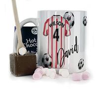 Personalised Mug and Belgian Milk Chocolate/Hot Chocolate Stirrer Marshmallow Gift Set, Customised with Name / Number / Text, (11oz) White, Blue, Black, Pink Mug with White & Red Stripe Football Shirt