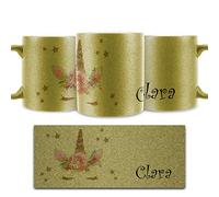 Personalised Mug and Belgian Milk Hot Chocolate Stirrer Marshmallow, Customised with Name, Ceramic 11oz Gold, Silver, Blue, Pink Glitter Mug with Gold Eyelash Horn Unicorn Design, Unicorn Mug