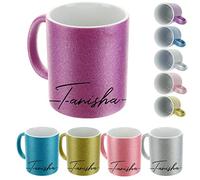 Personalised Mug and Belgian Milk Hot Chocolate Stirrer Marshmallow Gift Set, Customised with Name/Initials, Ceramic 11oz Gold, Silver, Blue, Pink Glitter Mug with Initial Heart Strike Name Design