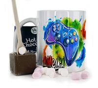 Personalised Mug and Belgium Milk Chocolate/Hot Chocolate Stirrer Marshmallow Gift Set, Customised with Name (11oz) Thank You, Love You, Happy Birthday Mug with Blue Gaming Controller Design