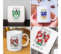 Personalised Mug and Coaster Set - Heraldic Surname Design - White Ceramic Mug 11oz with 9cm Coaster - Gift Boxed