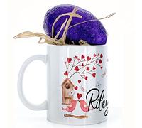 Personalised Mug and Dairy Milk Chocolate Easter Egg Gift Set, Custom Name (11oz) White, Yellow, Blue, Black, Pink Mug with Love Bird Post Design, Love Mug