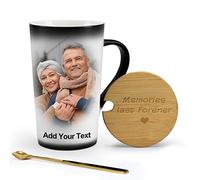 Personalised Mug - Custom Coffee Mugs with Lid and Spoon 16oz, Heat Color Changing Cup, Wood Cover can be Engraved with Name or Text, with Photos, Gift for Birthday, Mum, Dad.