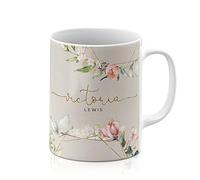 Personalised Mug Printed with Your Name or Initials Floral Gold Pink Flowers Roses Watercolour Printed Glitter, NO Real Glitter. Made of White Ceramic