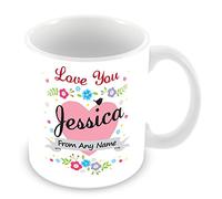 Personalised Mug with Name Jessica - Love Heart & Flowers Design Cup