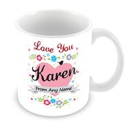 Personalised Mug with Name Karen - Love Heart & Flowers Design Cup