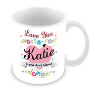 Personalised Mug with Name Katie - Love Heart & Flowers Design Cup