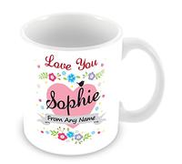 Personalised Mug with Name Sophie - Love Heart & Flowers Design Cup