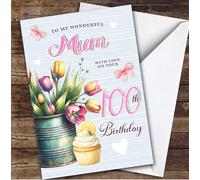 Personalised Mum 100th Birthday Card Tulips Cupcake | Personalised Birthday Card For Mum, Her, 100th, Milestone Birthdays
